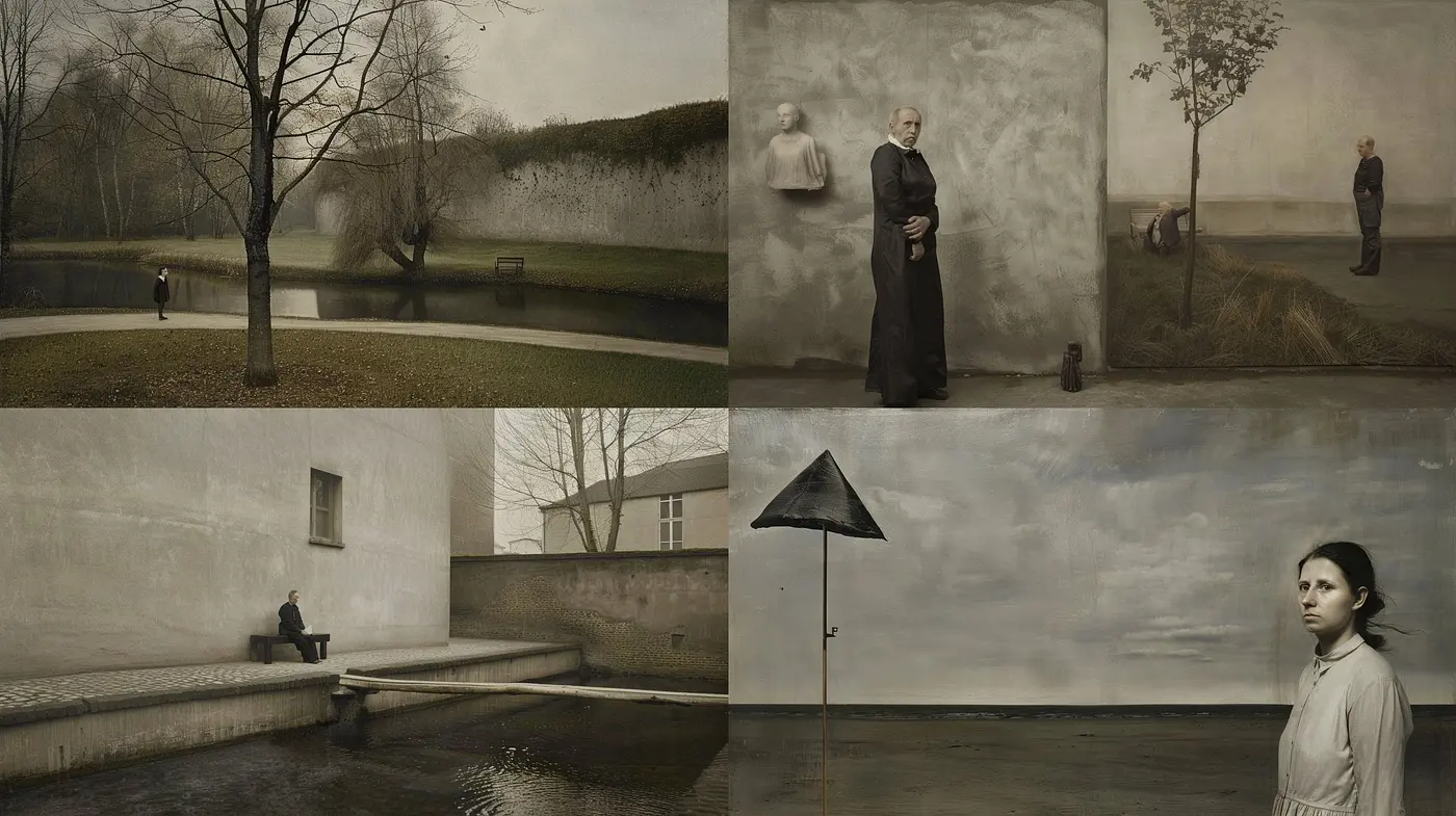 Melancholic Reverie in Somber Tones: Reflecting a Consistent Atmosphere Across Varied Scenes - Midjourney sref style