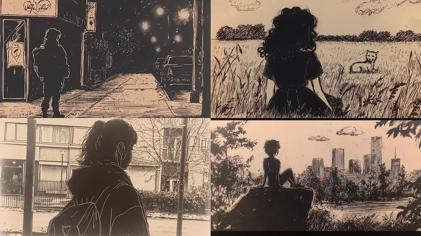 Monochromatic Graphic Novel Aesthetic with Expressive Linework - Midjourney sref style