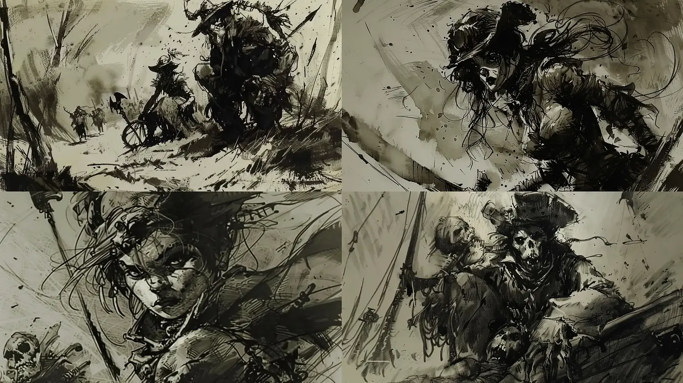 Dynamic Brushwork and Monochromatic Sepia Tone Artistry - Midjourney sref style