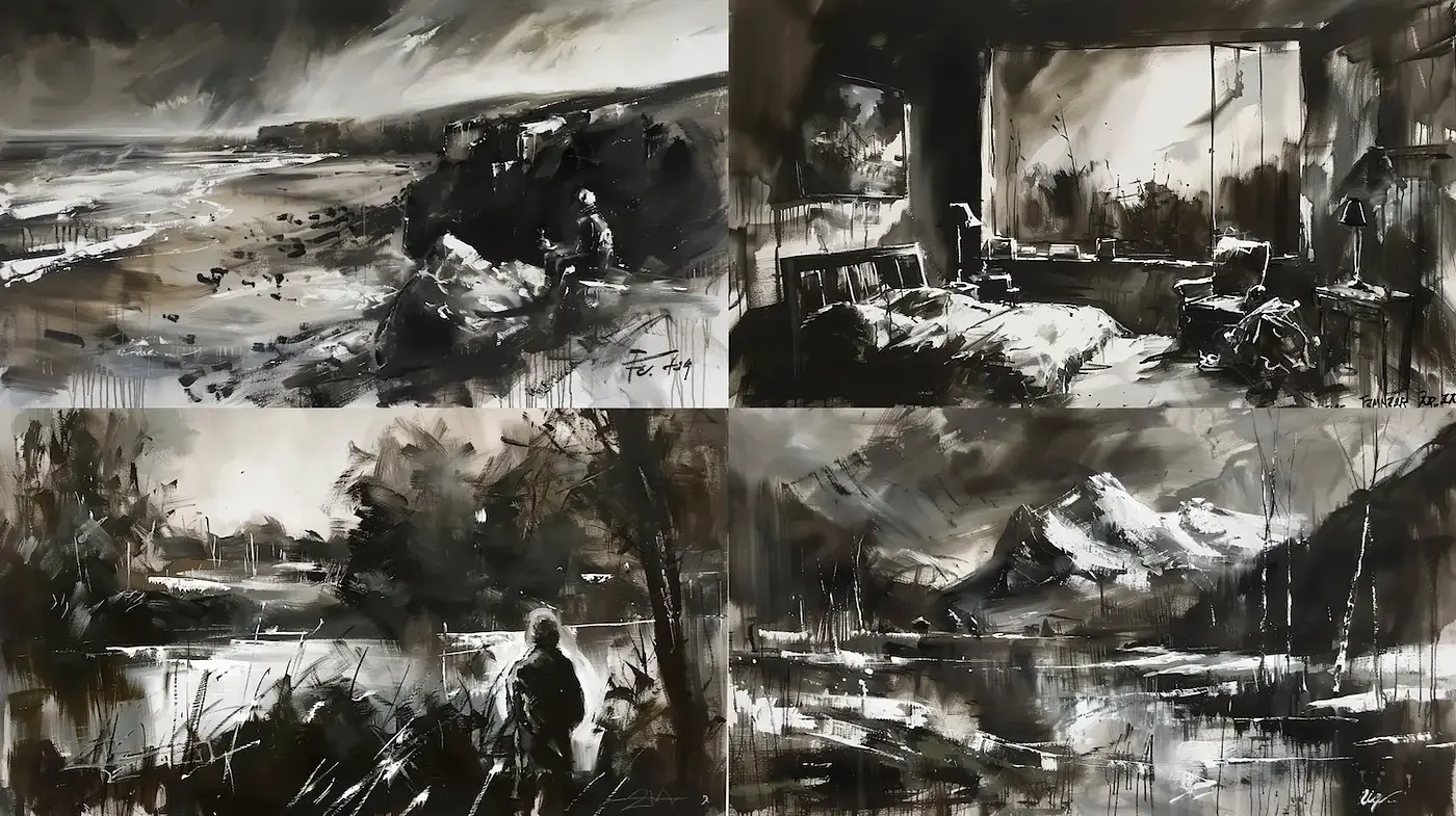 Dramatic and Monochromatic Brushwork in Varied Landscapes - Midjourney sref style