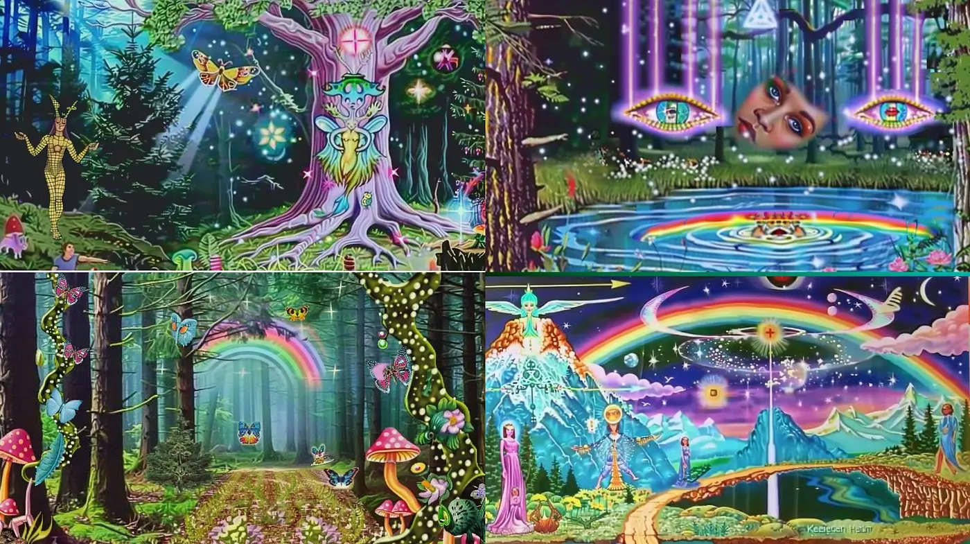 Psychedelic Forest Dreamscape with Vivid Hues and Ethereal Glow - Midjourney sref style