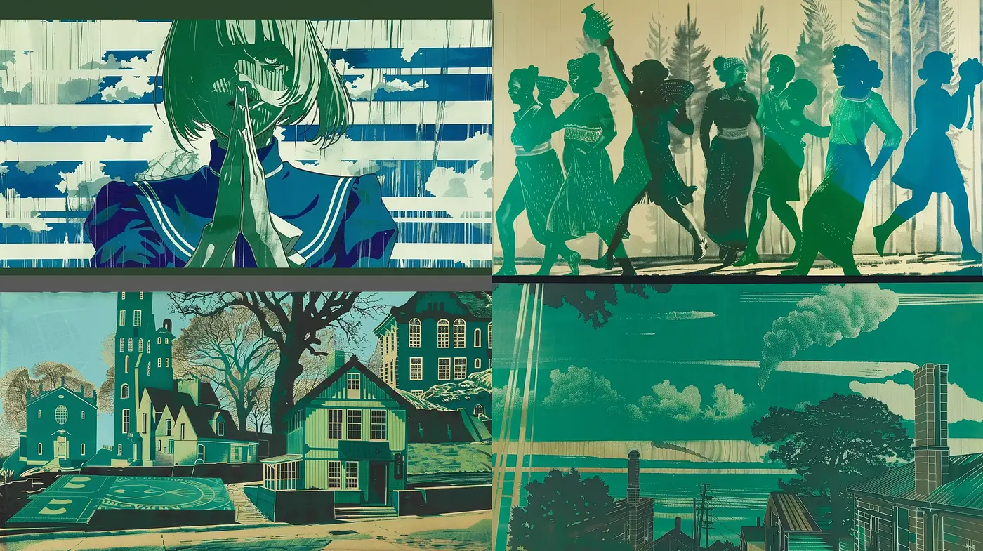 Synchronized Harmony of Monochromatic Hues and Retro Woodblock Impressions - Midjourney sref style
