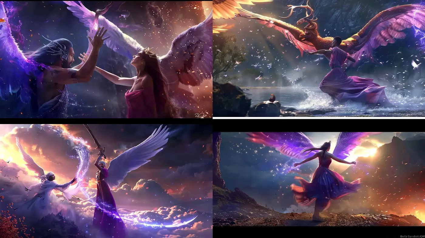 Ethereal Twilight Encounters: A Harmonious Blend of Fantasy and Majestic Dusk Hues - Midjourney sref style
