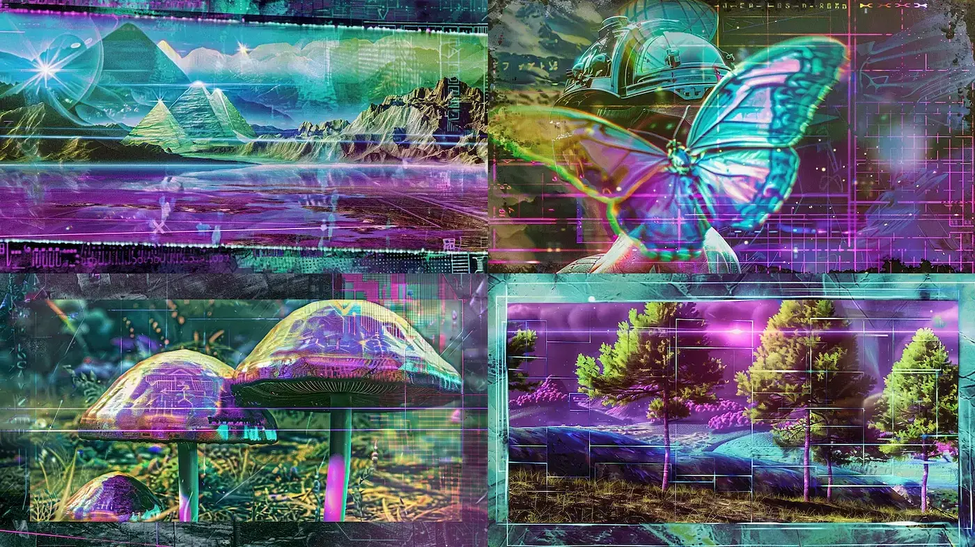 Futuristic, surreal landscapes infused with vibrant colors and organic forms - Midjourney sref style