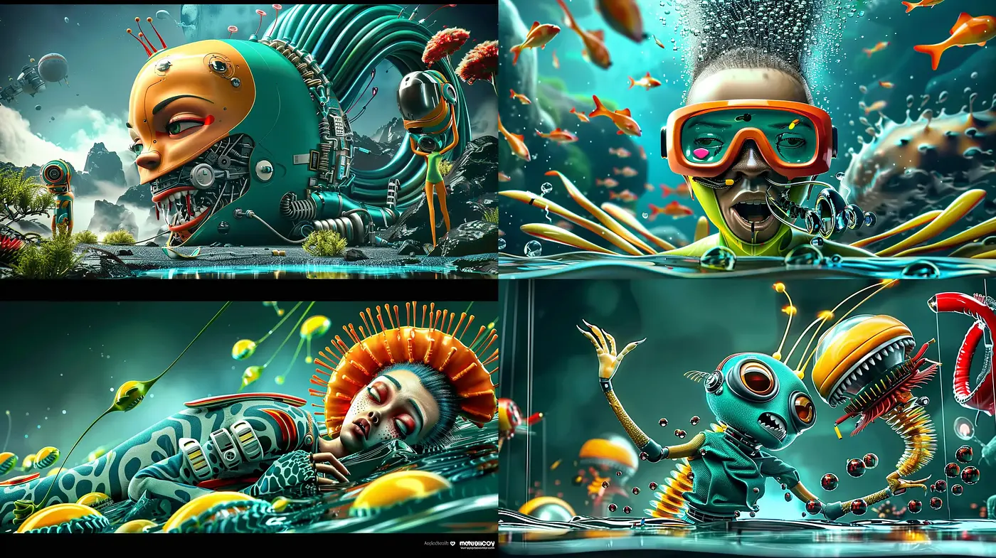 Surreal Aquatic Dreamscape Blending Fantasy and Mechanica - Midjourney sref style