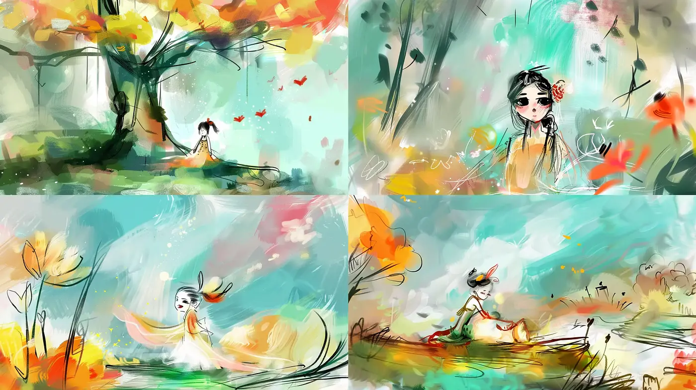 Whimsical Brushwork Harmony in Pastel Dreamscapes - Midjourney sref style