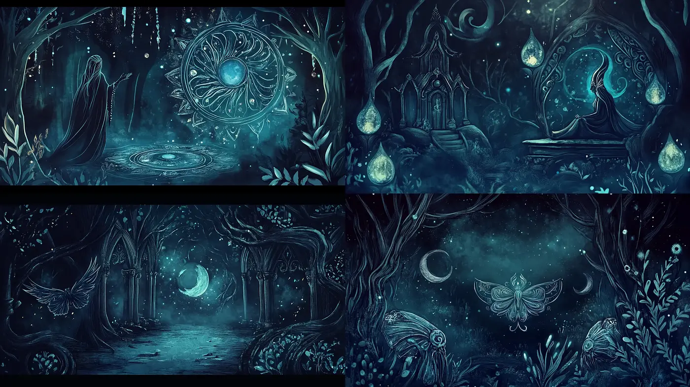 Mystical Nocturnal Symphony in Monochrome Teal - Midjourney sref style