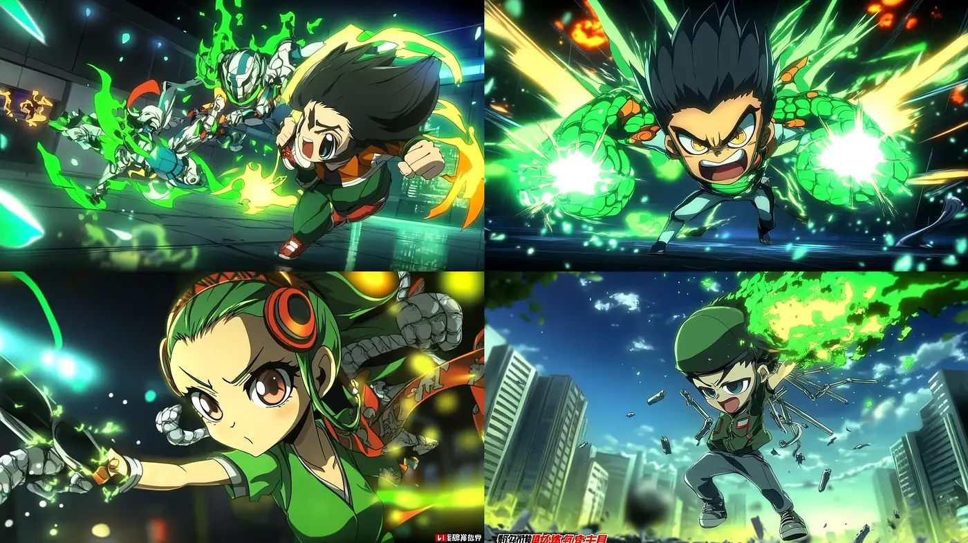 Dynamic Anime Blitz: High-Octane Superhero Vibes in Neon Hues - Midjourney sref style
