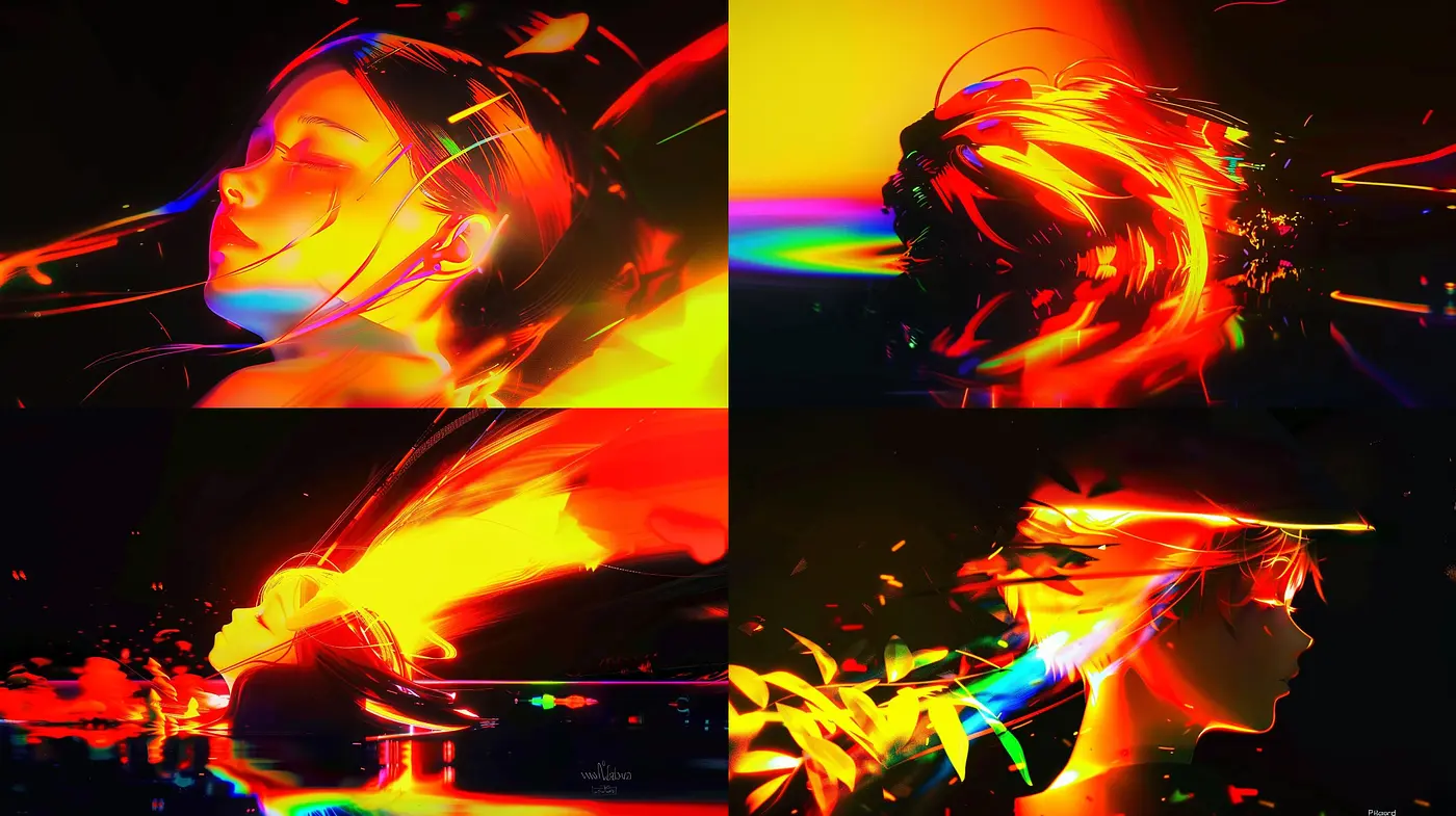 Luminous Spectrum Fusion: A Synthesis of Vibrant Tonalities and Fluid Dynamics - Midjourney sref style