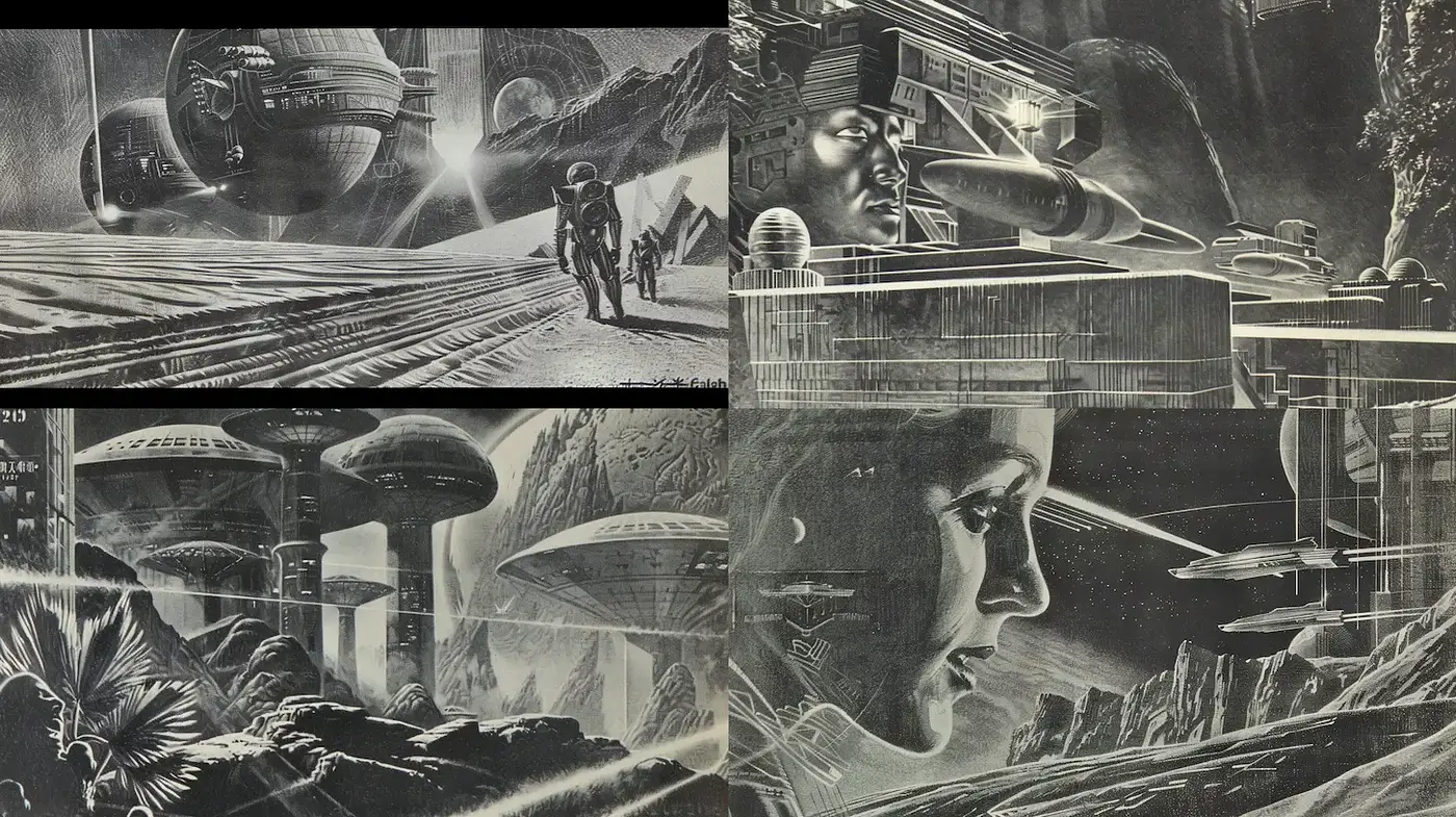 Futuristic Black and White Sci-Fi Art with Strong Linework and Dramatic Composition - Midjourney sref style