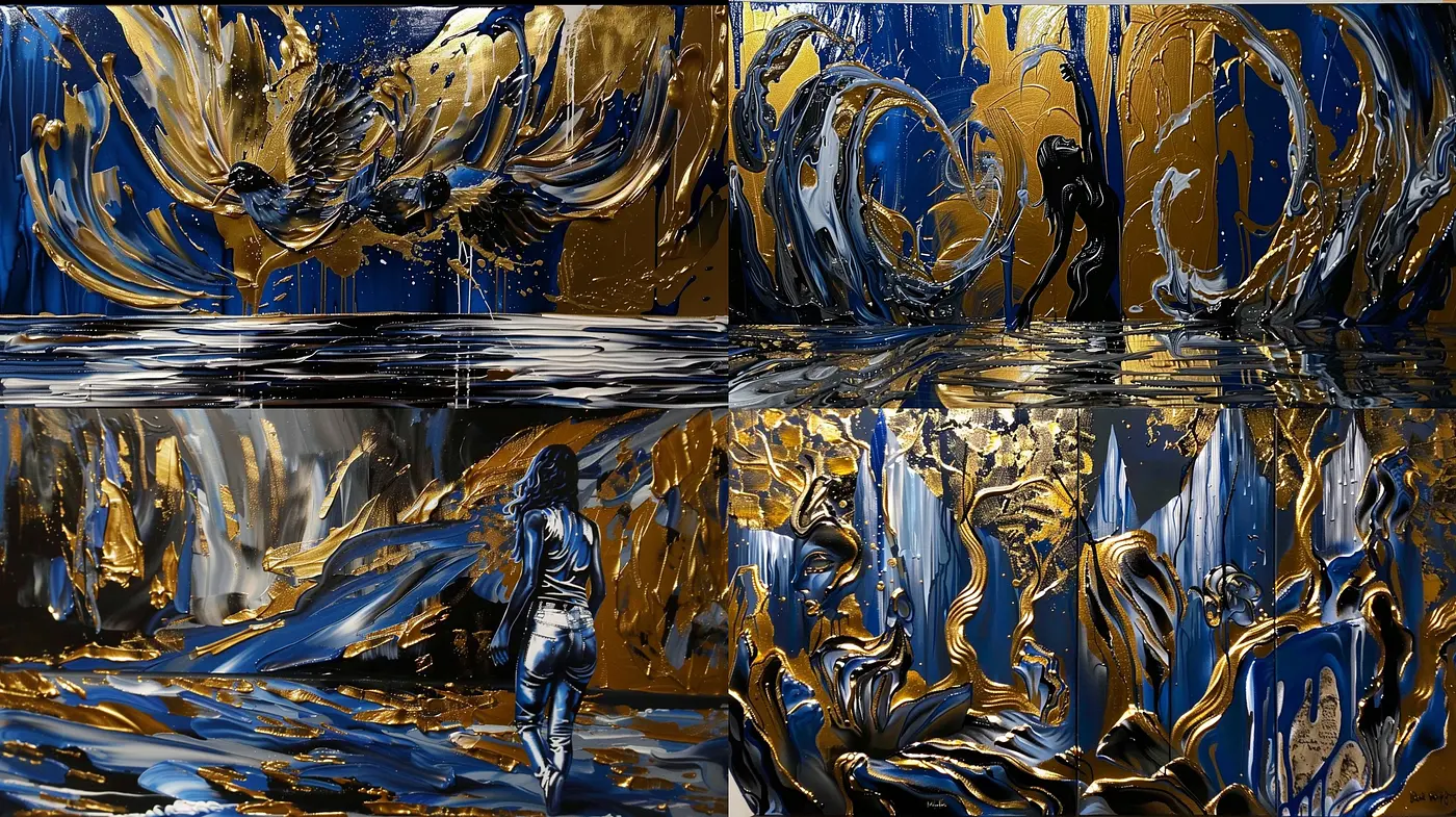 Lustrous Golden Waves on a Cobalt Sea: A Study in Opulent Tones and Dynamic Textures - Midjourney sref style