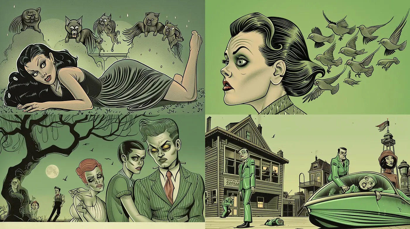 Ethereal Twilight: A Homage to Comic Noir with Surreal Greens - Midjourney sref style