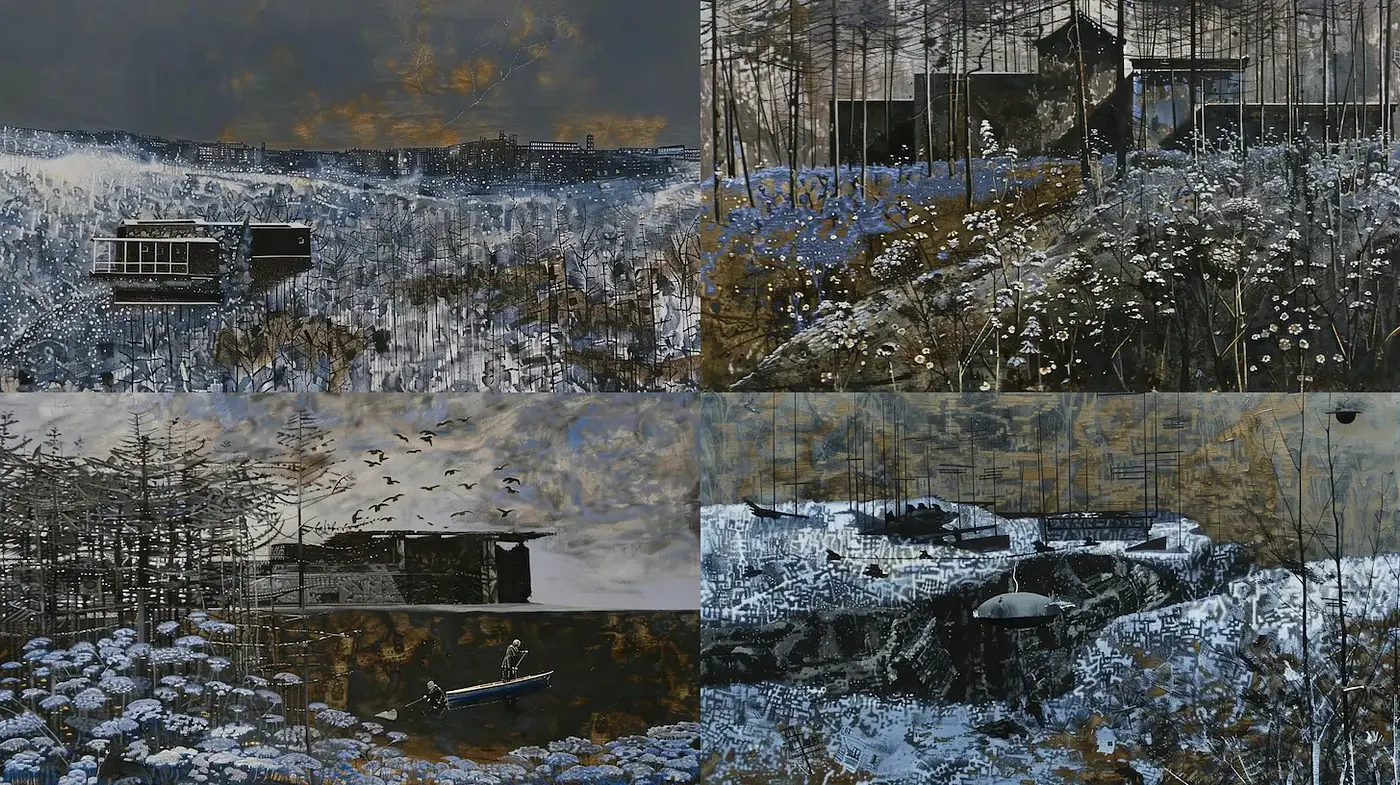 Mysterious Landscapes with Evocative Textures and Color Harmony - Midjourney sref style