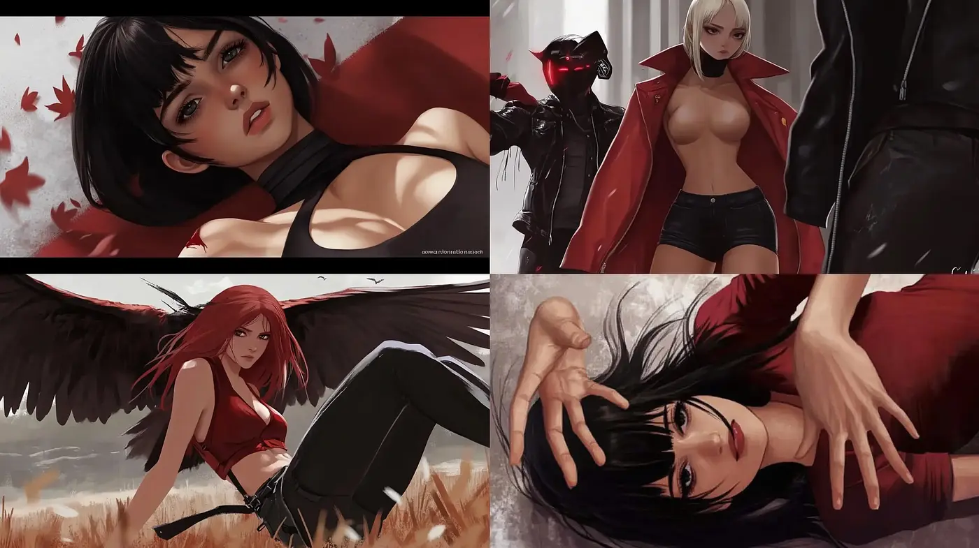 Crimson Elegance in Dynamic Anime Portraiture - Midjourney sref style