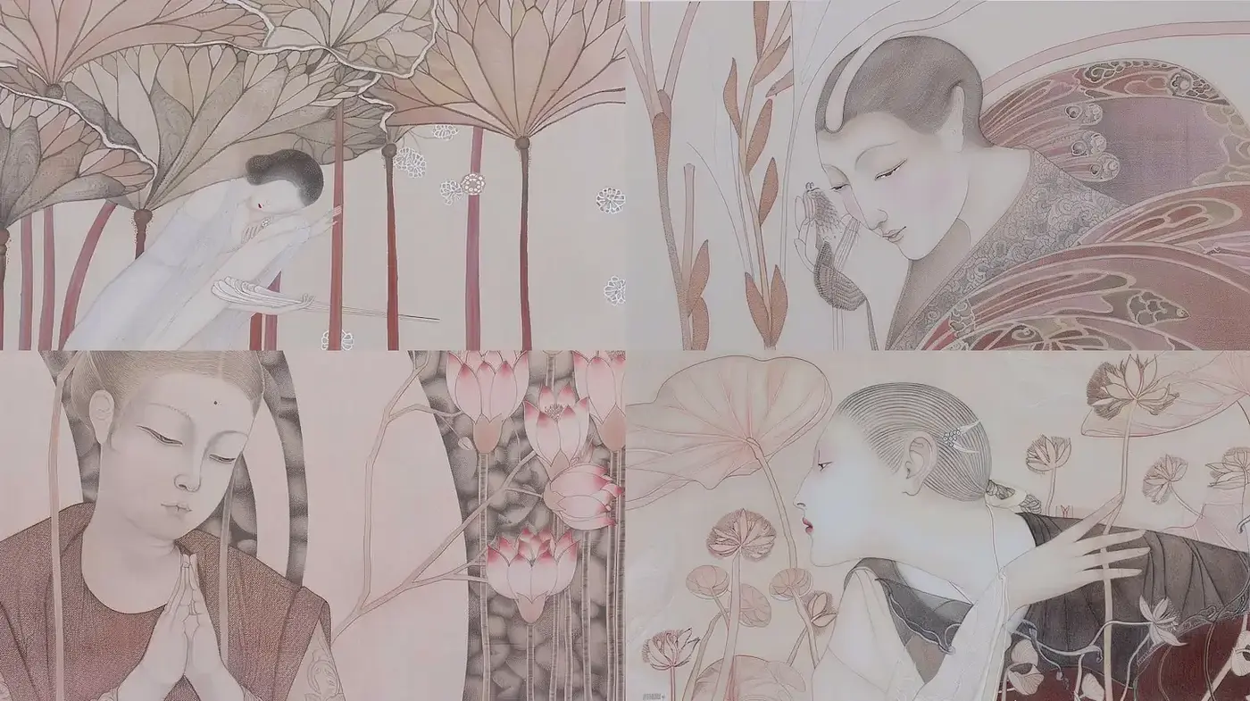 Serene and Ethereal Aesthetic with Floral and Figurative Elements - Midjourney sref style