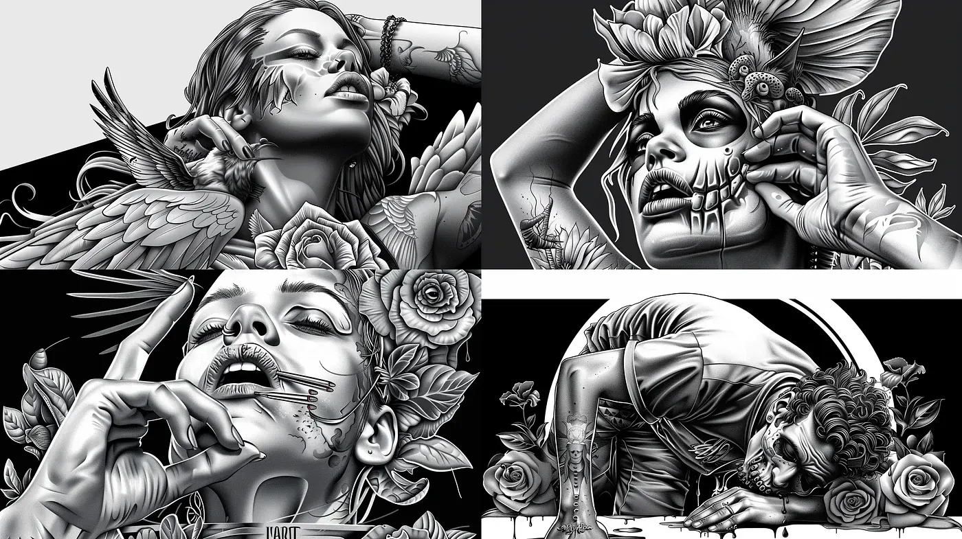 Monochromatic Symphony of Tactile Roses and Surreal Portraiture - Midjourney sref style