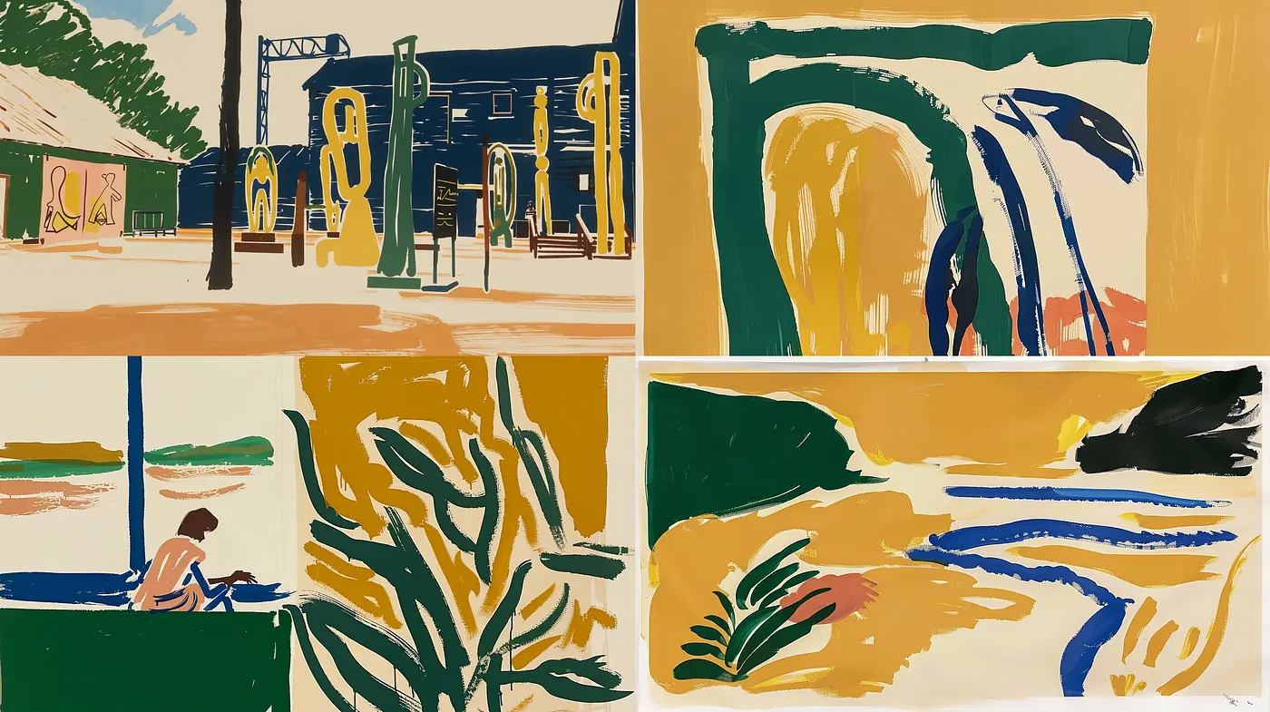Abstract Expressionist Exploration with Bold Color Contrasts and Simplified Forms - Midjourney sref style