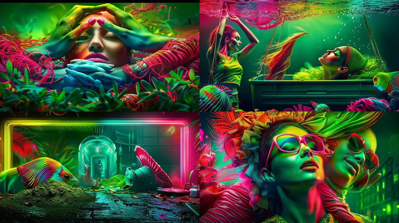 Luminous Dreamscape Fusion: A Vivid and Ethereal Neon Artistry - Midjourney sref style