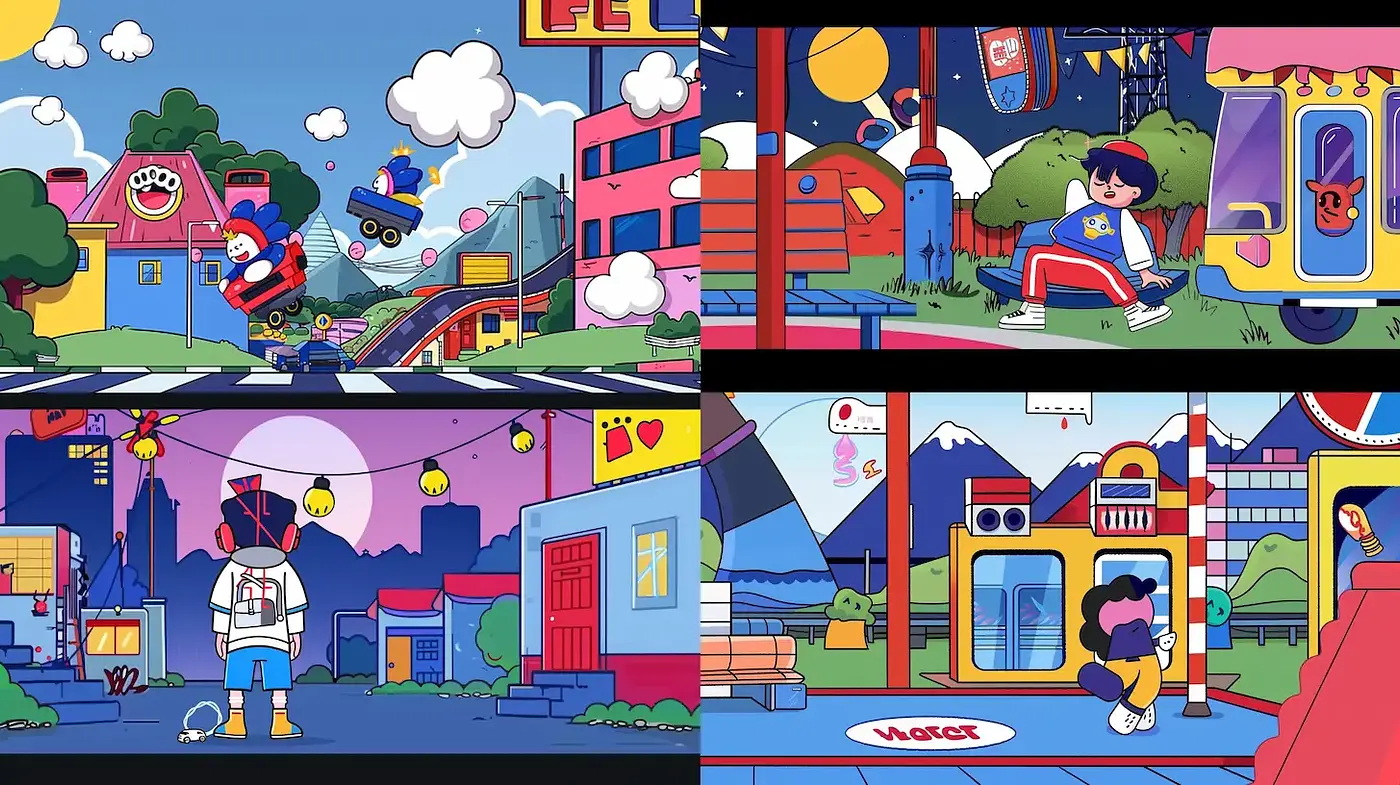 Vibrant and Playful Urban Animation Style with a Nostalgic Tone - Midjourney sref style