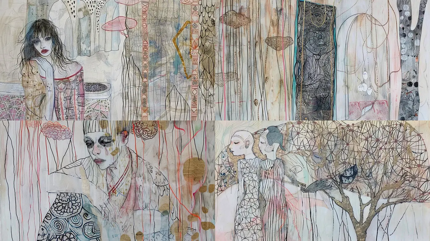 Whimsical Tapestry of Stylized Illustrations with Ethereal Overtones - Midjourney sref style
