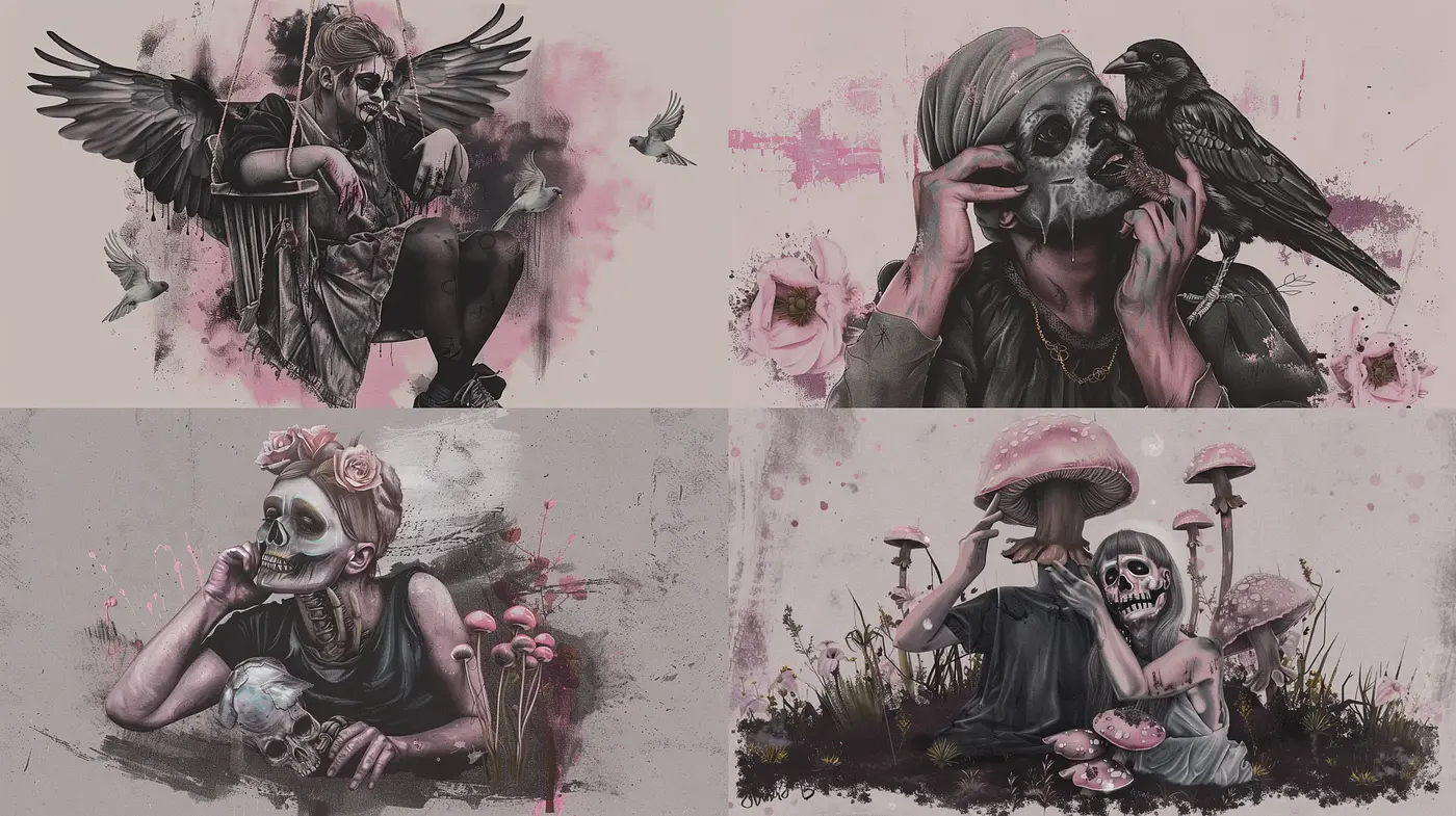 Macabre Elegance with a Surrealistic Touch in Muted Rose Tones - Midjourney sref style