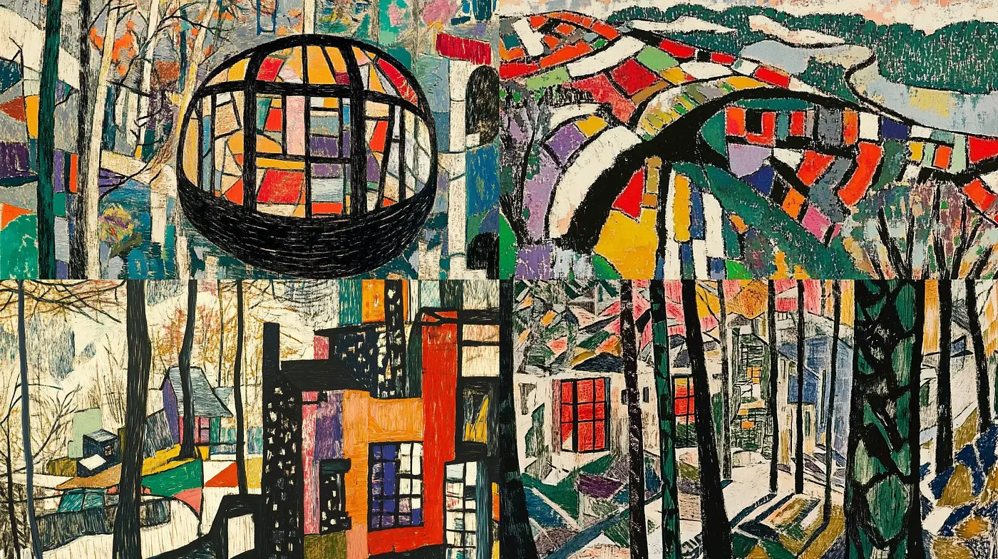 Eclectic Fusion of Semi-Abstract Forms with Nature and Stylized Architectural Elements - Midjourney sref style