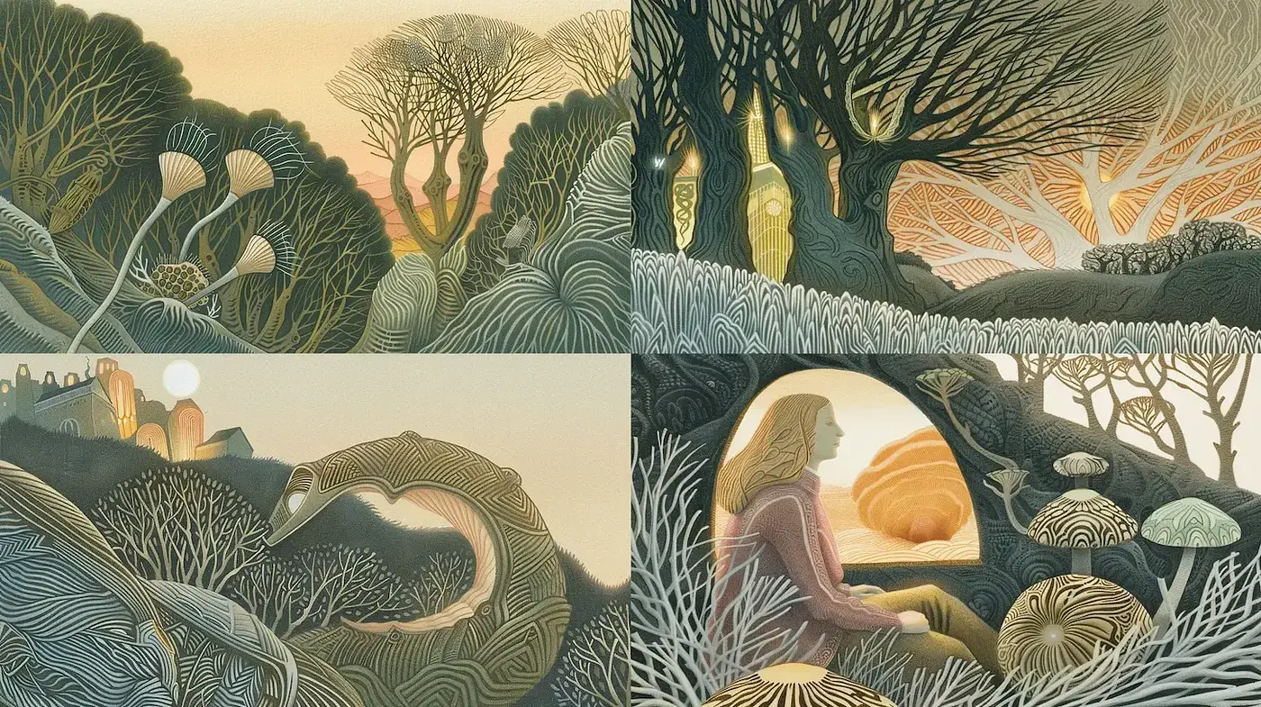 Cohesive, dreamlike landscapes with intricate linework and harmonious color schemes - Midjourney sref style