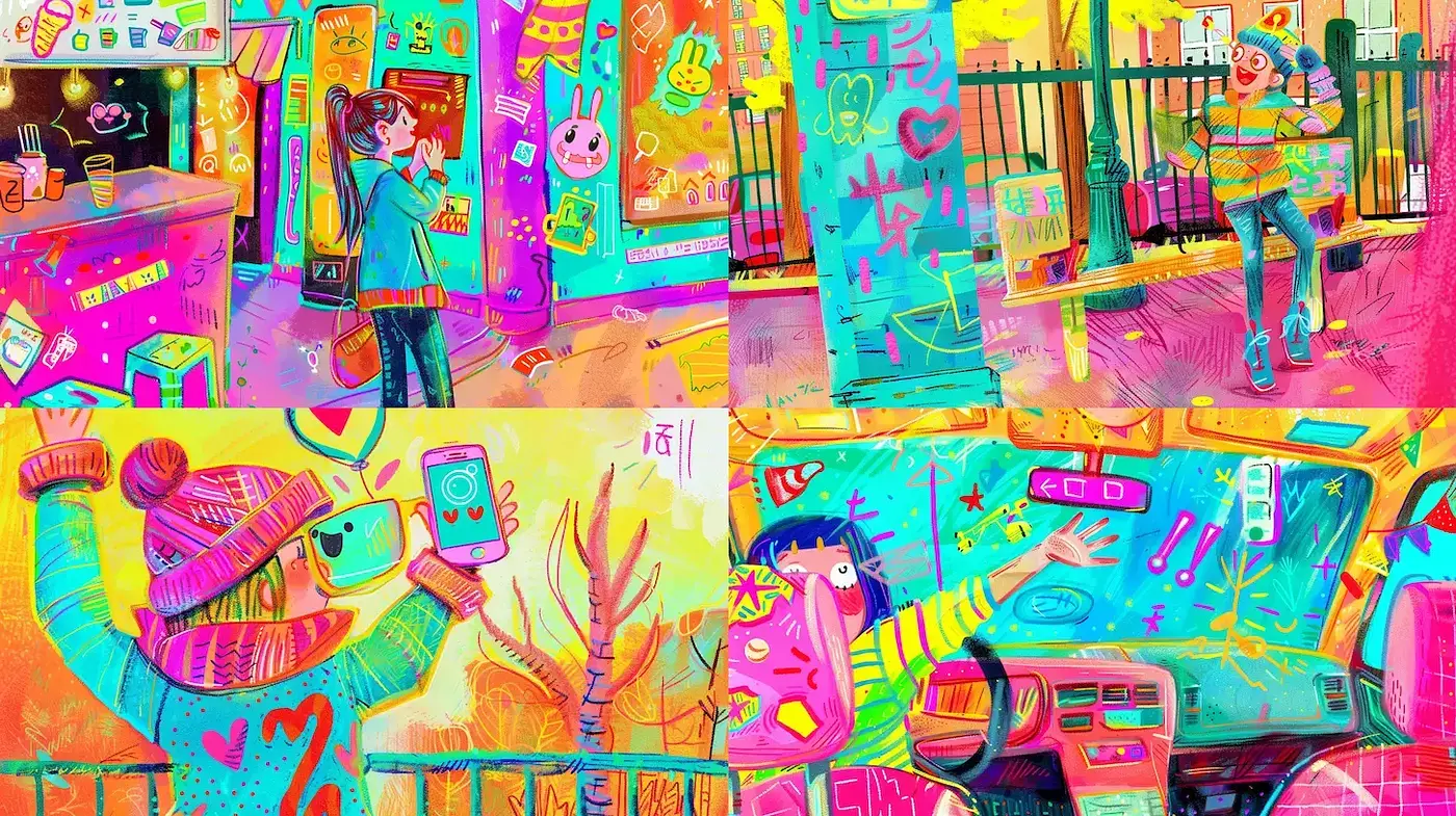 Psychedelic Neon Dreamscape with Expressive Strokes and Urban Whimsy - Midjourney sref style