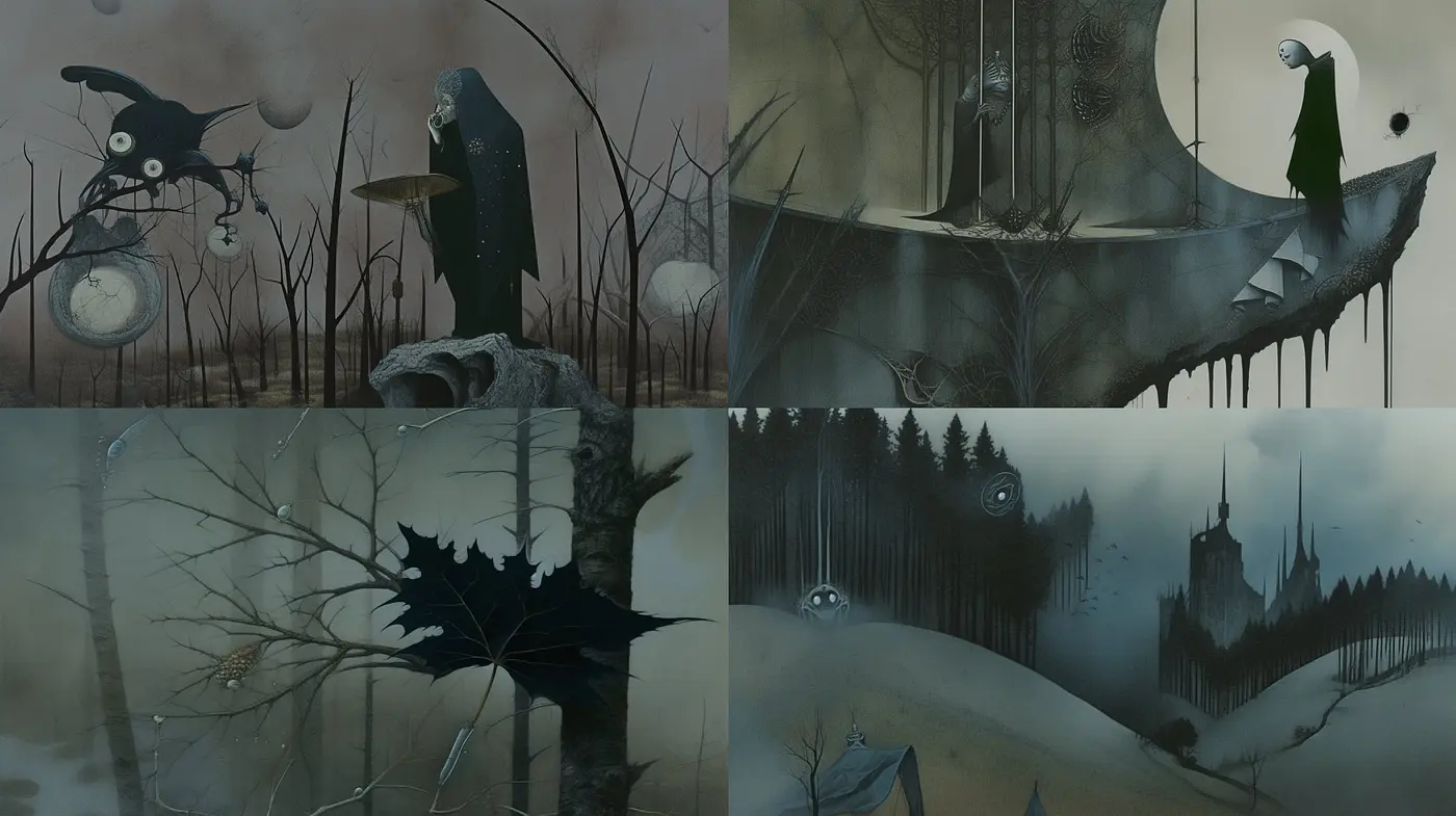 Ethereal Monochrome Dreamscape: An Exploration of Surrealism in Chiaroscuro - Midjourney sref style