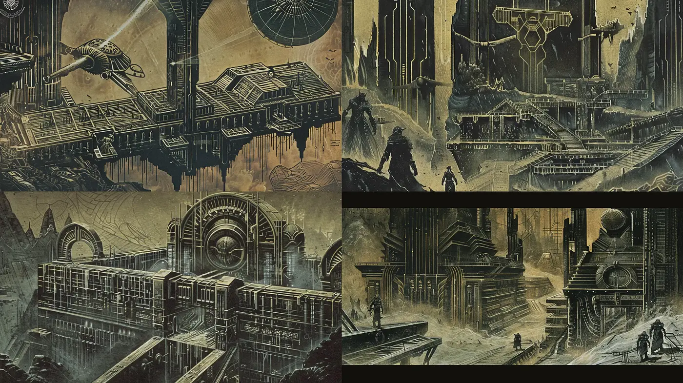 Ethereal Ruins of a Dystopian Epoch: A Study in Sepia and Shadow - Midjourney sref style