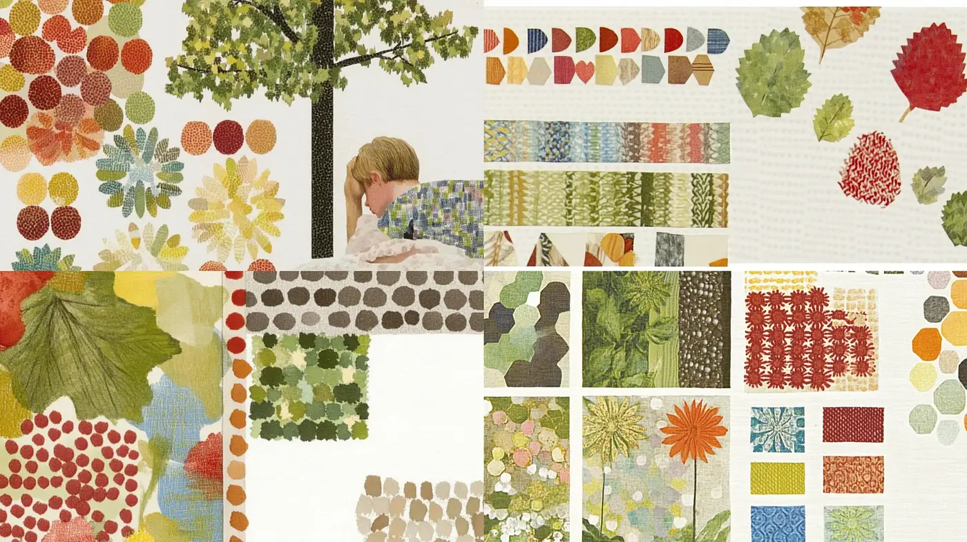 Collage of Seasonal Tranquility: A Patchwork of Natural Motifs - Midjourney sref style