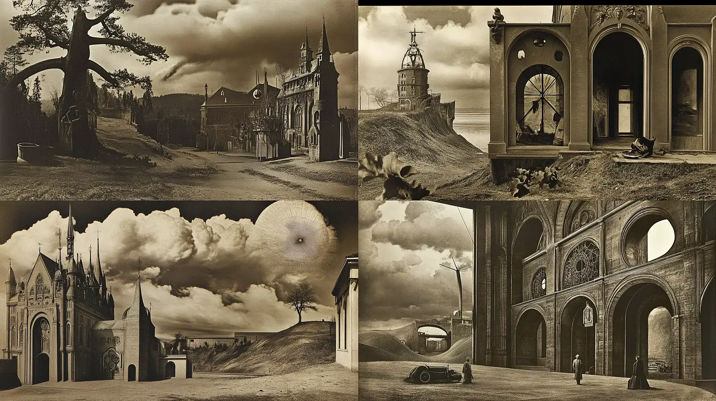 Sepia-toned Surrealist Dreamscape with Gothic Architecture - Midjourney sref style