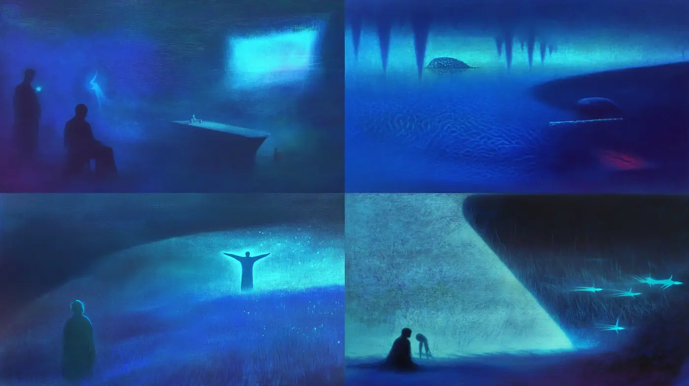 Ethereal Nocturne Visions in Monochromatic Blue - Midjourney sref style