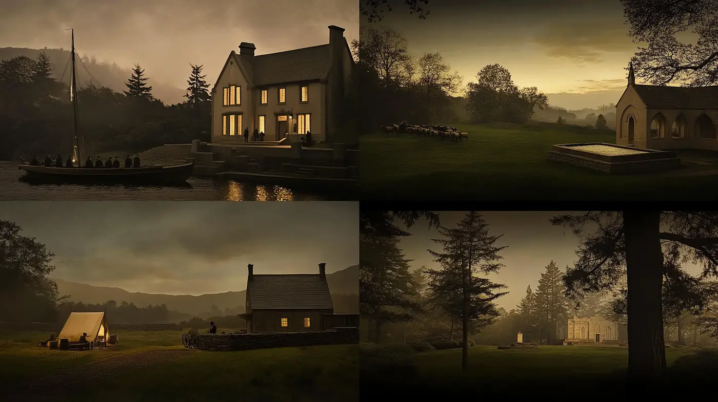 Ephemeral Twilight Serenity: A Cinematic Harmony of Mysterious Silhouettes and Pastoral Calm - Midjourney sref style
