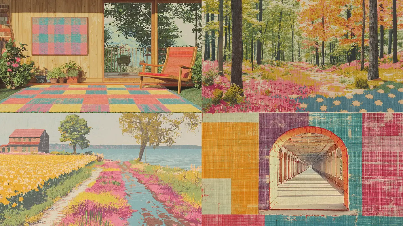 Patchwork Nature: A Textural Tapestry of Warm Hues and Serenity - Midjourney sref style
