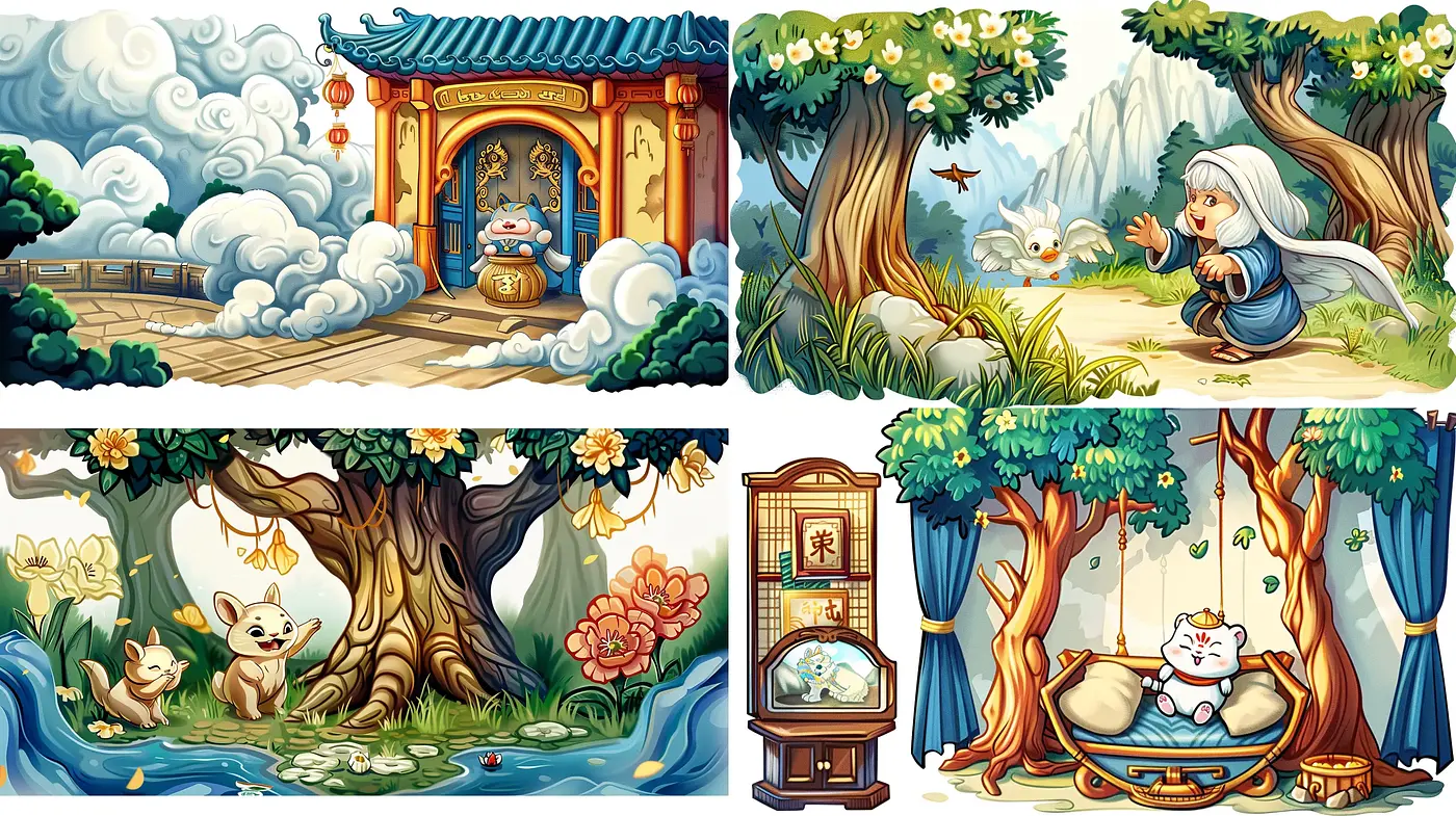 Serene Storybook Illustrations with East Asian Aesthetic - Midjourney sref style