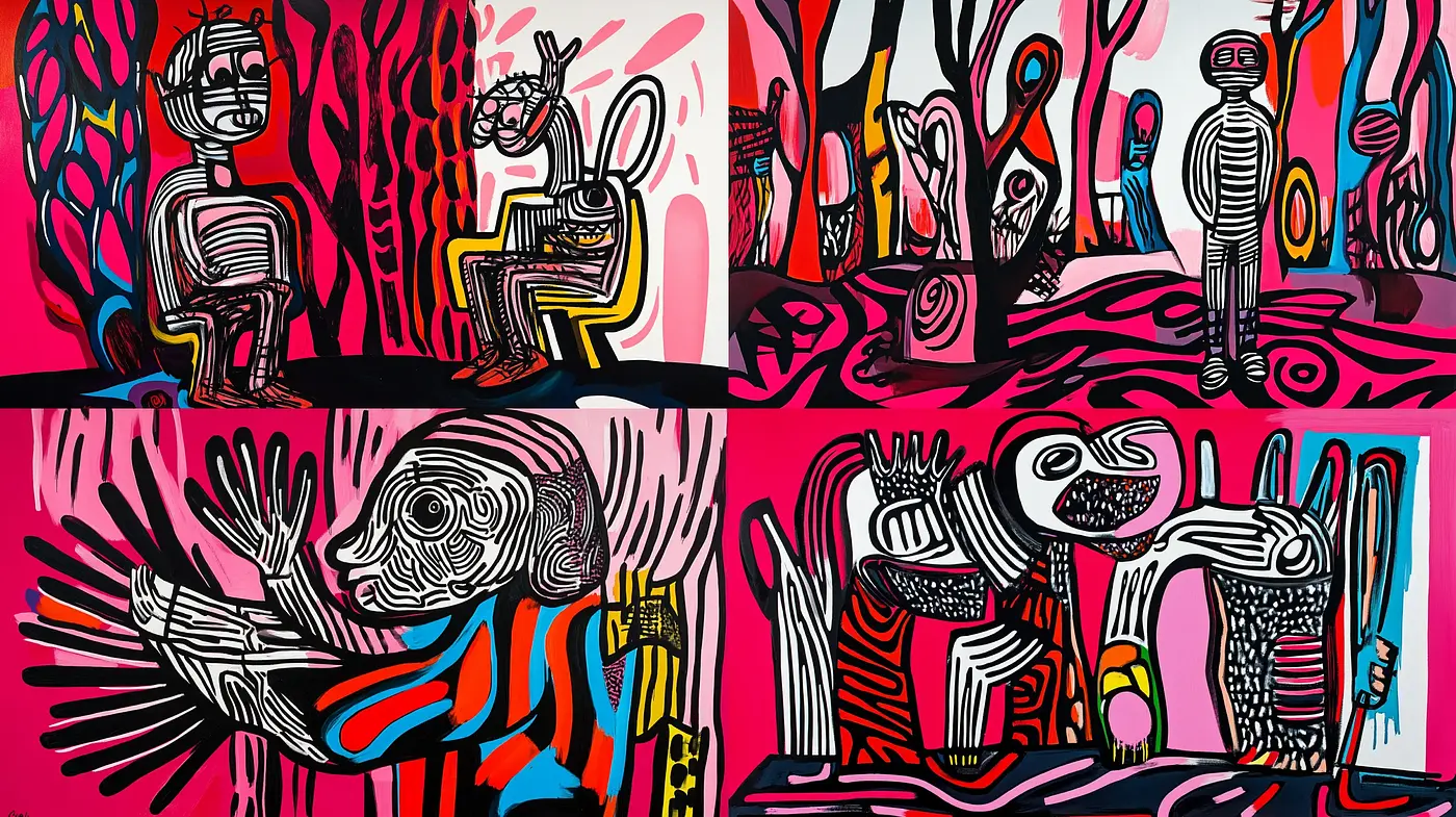 Eccentric Expressiveness: A Dance of Vibrant Lines and Bold Contours - Midjourney sref style