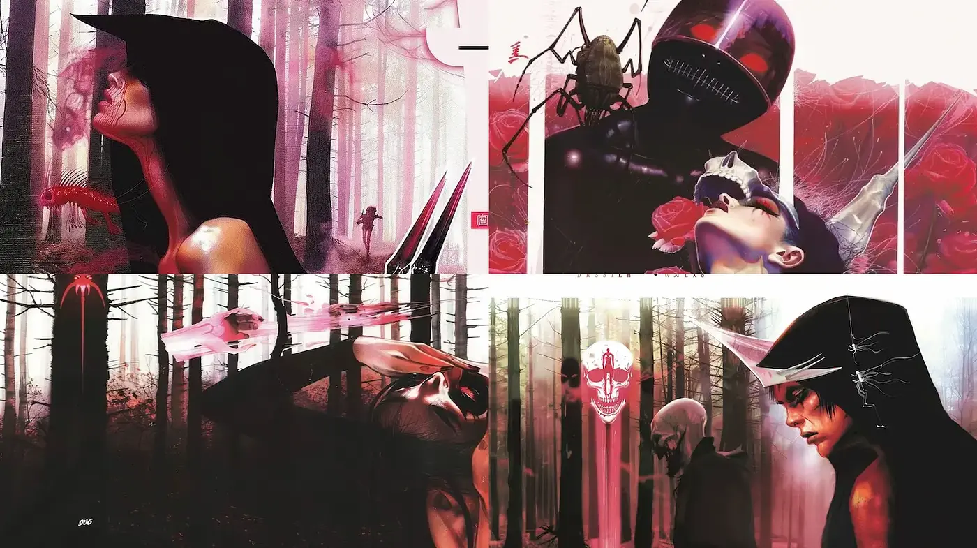 Darkly Surreal Forest Aesthetics with a Touch of Futuristic Elements - Midjourney sref style