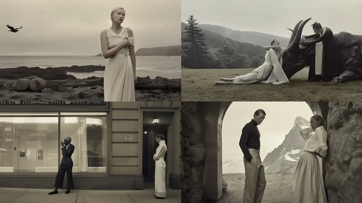 Surrealistic and Ethereal Monochrome Aesthetic with Artistic Influences - Midjourney sref style