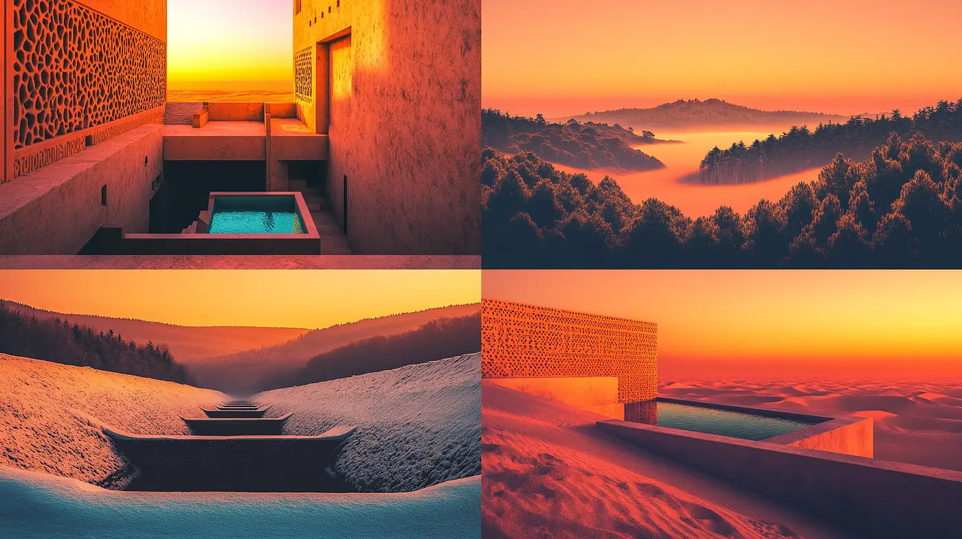 Twilight Amber Hues: A Consistent Warm Glow Across Varied Landscapes and Architectures - Midjourney sref style