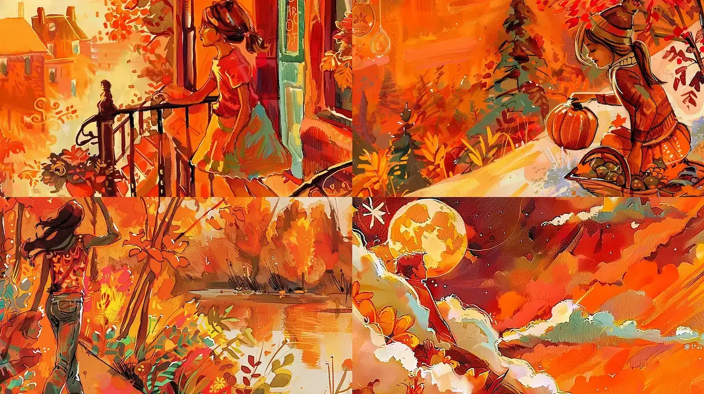 Vibrantly Illustrated Autumnal Scenes with a Whimsical Touch - Midjourney sref style