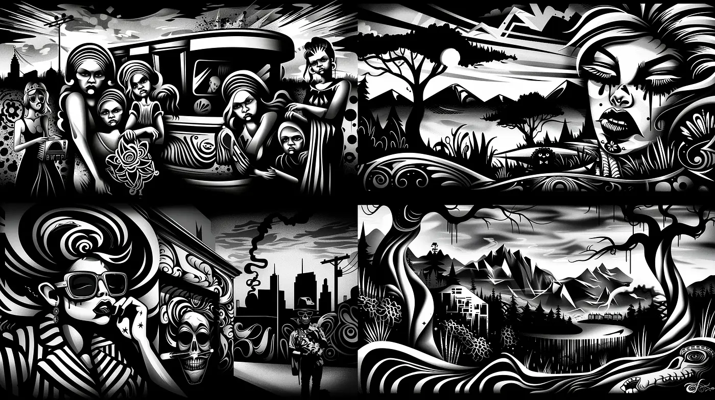 Monochromatic Graphic Novel Dynamism - Midjourney sref style