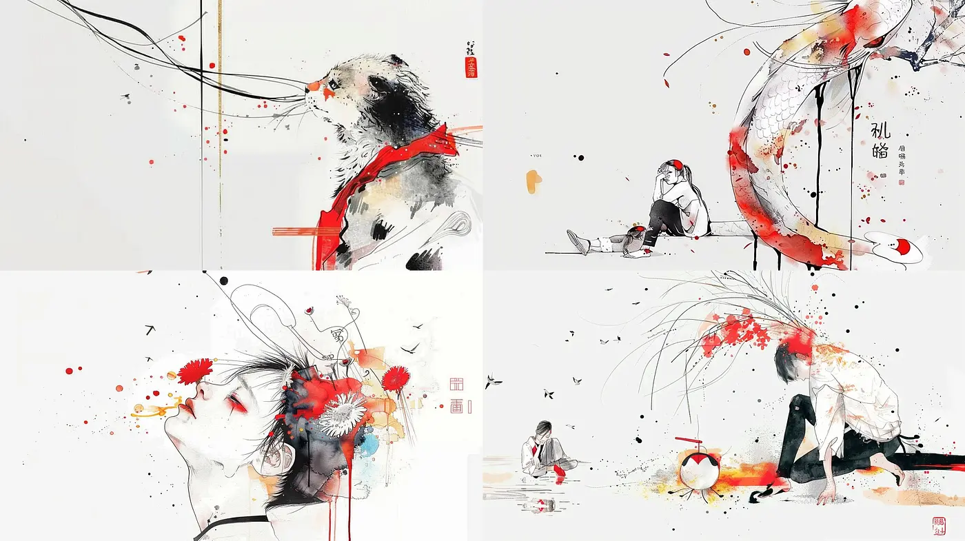 Serenity in Red, Black, and White: A Fusion of East Asian Brushwork with Contemporary Minimalism - Midjourney sref style