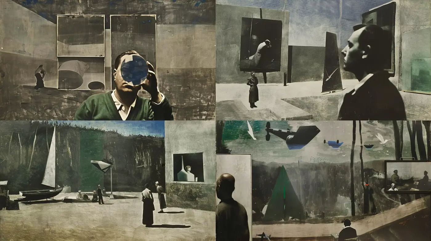 Surrealistic Collage of Dark Tones and Textured Vignettes - Midjourney sref style