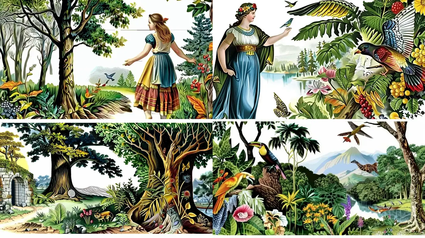 Idyllic Nature and Enchantment - A Harmonious Blend of Romanticism and Botanical Illustrations - Midjourney sref style