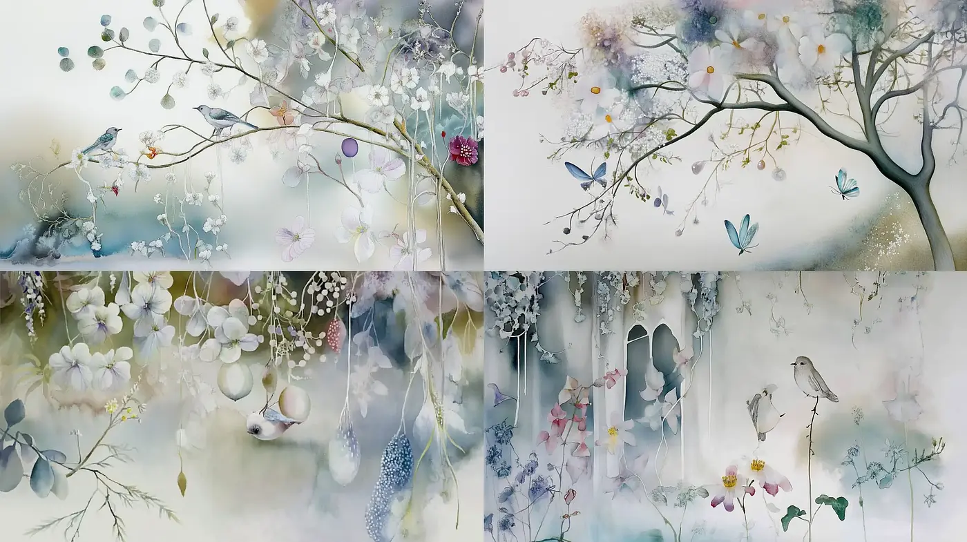 Ethereal Blossoms Amidst Misty Dreamscape - Midjourney sref style