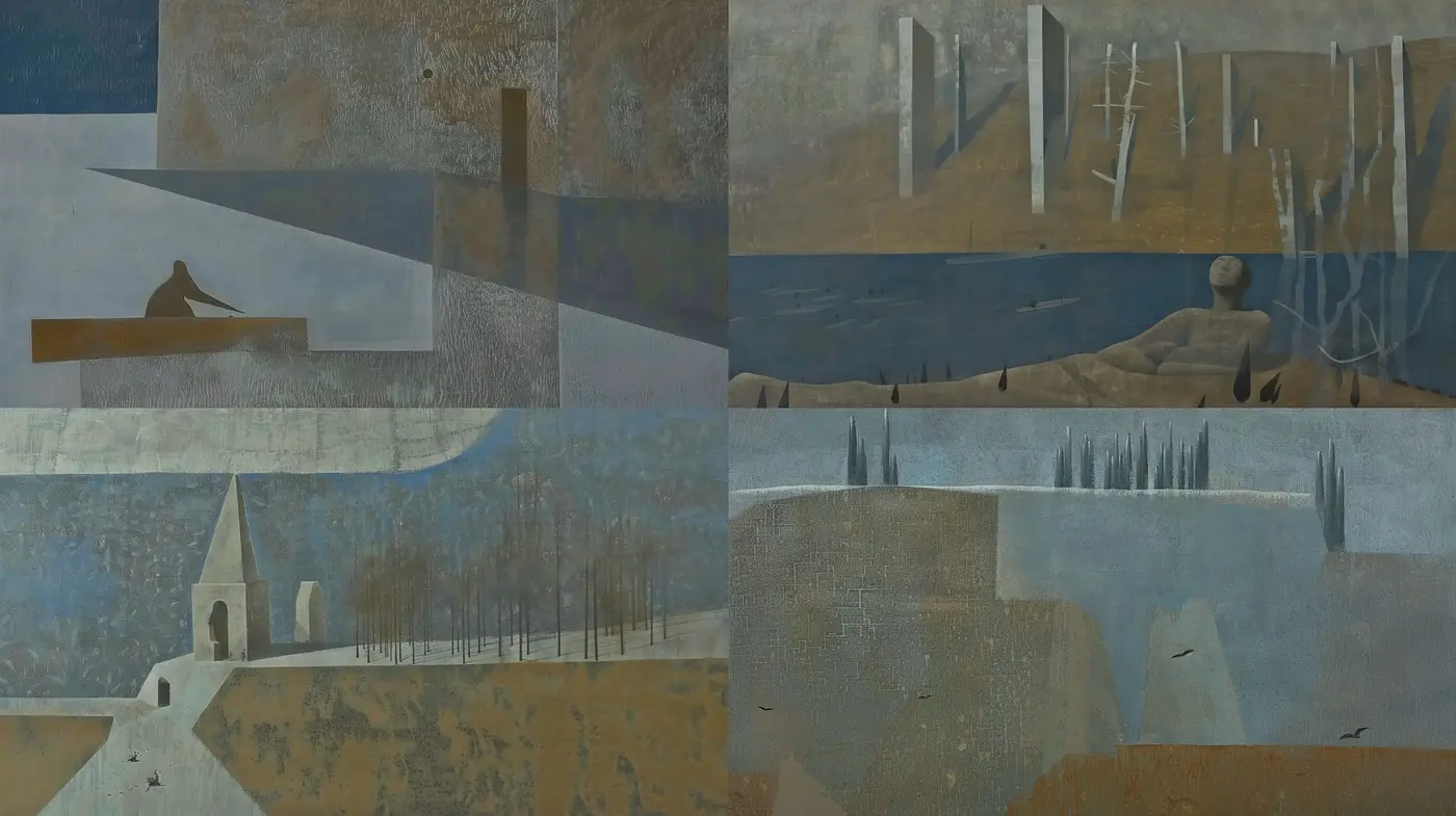 Melancholic Serenity in Stylized Geometric Landscape - Midjourney sref style