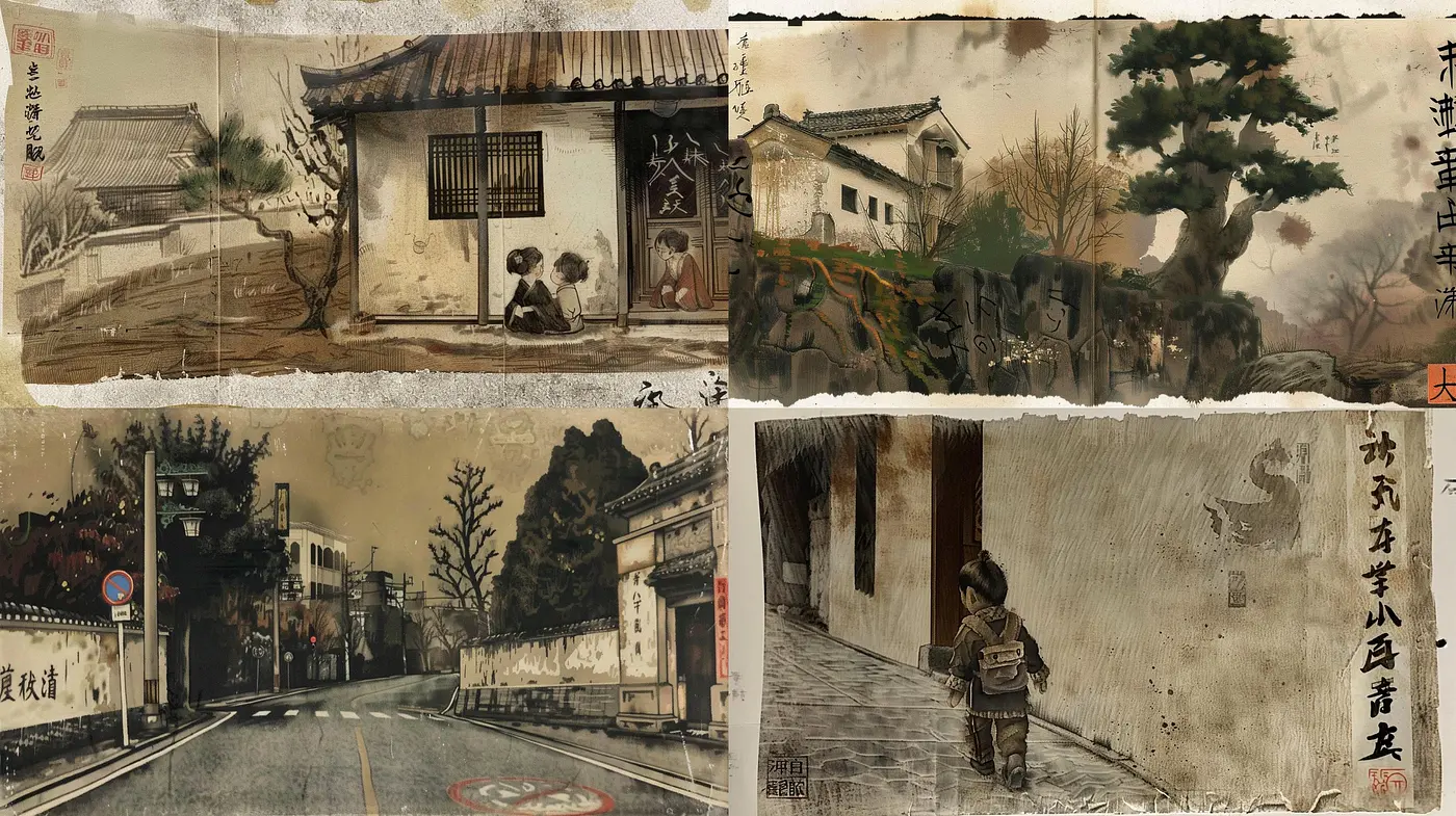 Sepia-toned Nostalgia: A Harmonious Blend of Tranquil Impressions and Fading Memories - Midjourney sref style