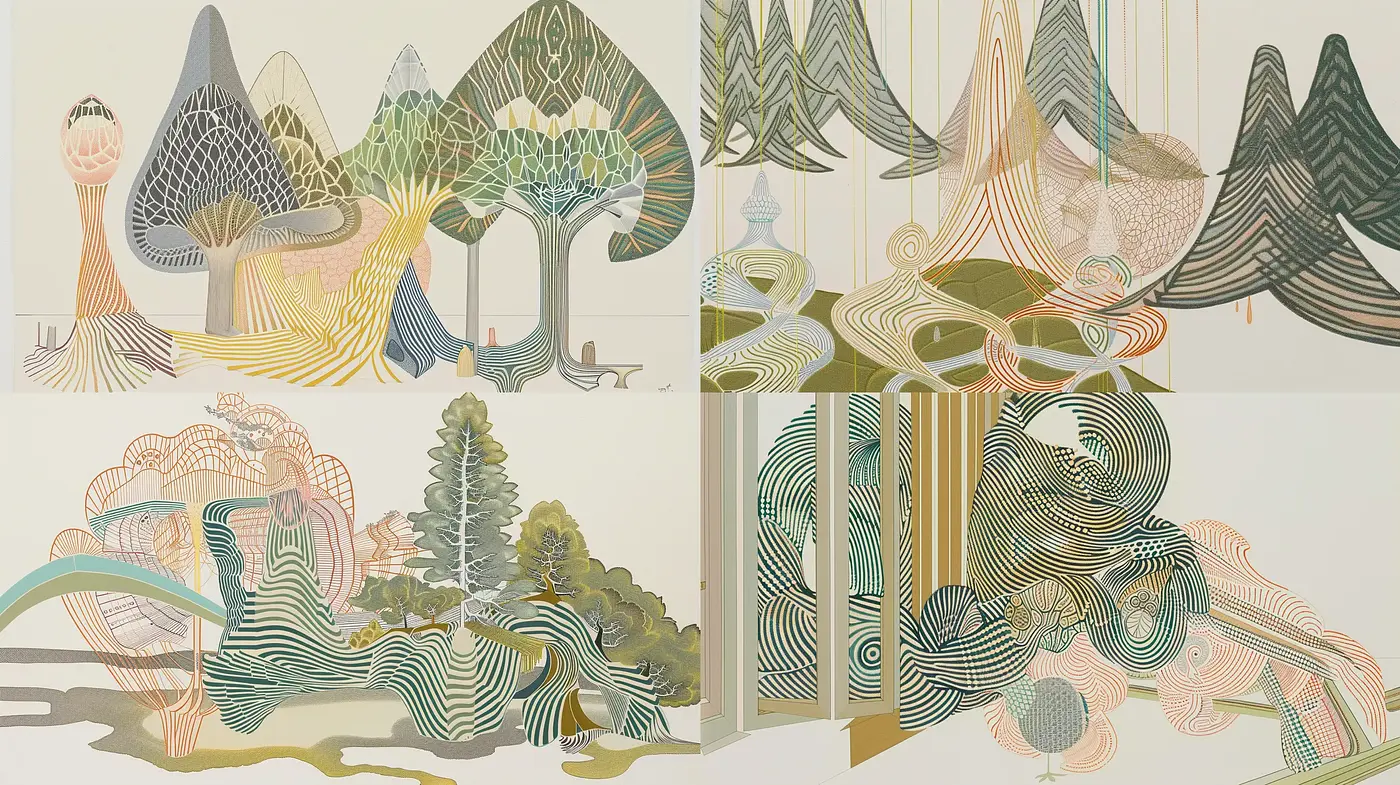 Ethereal Arboreal Dreamscape: An Exploration in Whimsical Line Art and Pastel Hues - Midjourney sref style