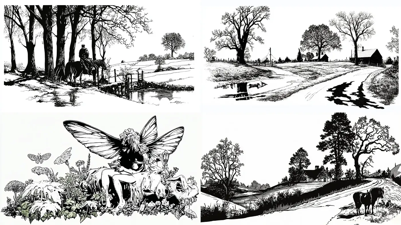 Monochromatic Rural Idylls: Ink Wash and Line Art Fusion - Midjourney sref style